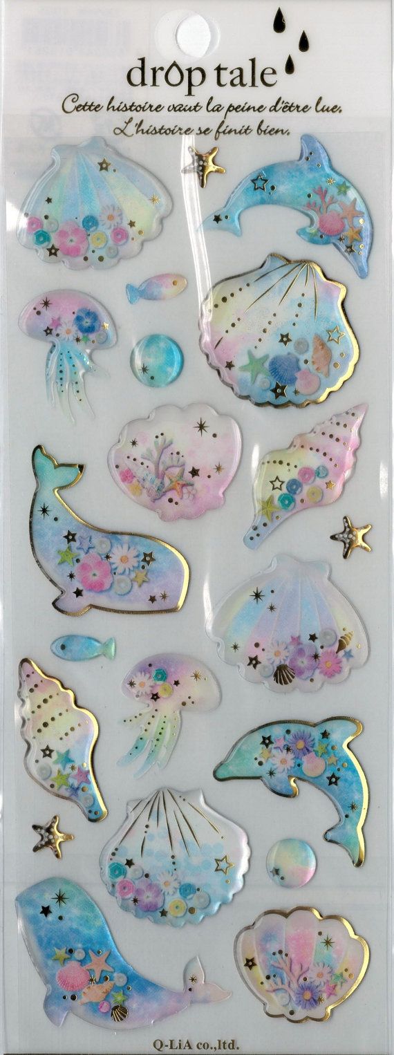 the image shows a sticker sheet featuring a collection of cute, pastelcolored, oceanthemed stickers.  the stickers depict various marine animals such as whales, dolphins, and jellyfish, along with seashells and other oceaninspired elements.  the style is kawaii (cute), with watercolorlike effects and subtle glitter accents.  the sheet has text indicating the product's name, "drop tale," and a phrase implying a happy ending to a story. the background is clear, allowing the stickers to be clearly visible. the brand qlia is also mentioned.