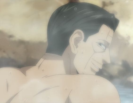 this image shows the back and shoulders of an adult man enjoying a steam bath.  the soft lighting suggests a natural light source, and the steam gives the scene a relaxing atmosphere. this image evokes a sense of peace and tranquility, likely set in a japanese bathhouse.