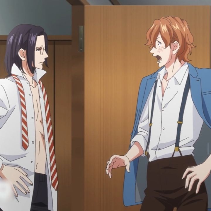 two male anime characters stand in a room.  one is wearing a white shirt and red and white striped tie. the other is wearing a white shirt, suspenders, and a blue jacket. the character in the blue jacket has a surprised expression and is looking at the character in the white shirt. the character in the white shirt has a calm expression and is looking at the character in the blue jacket.  the door behind them is open.