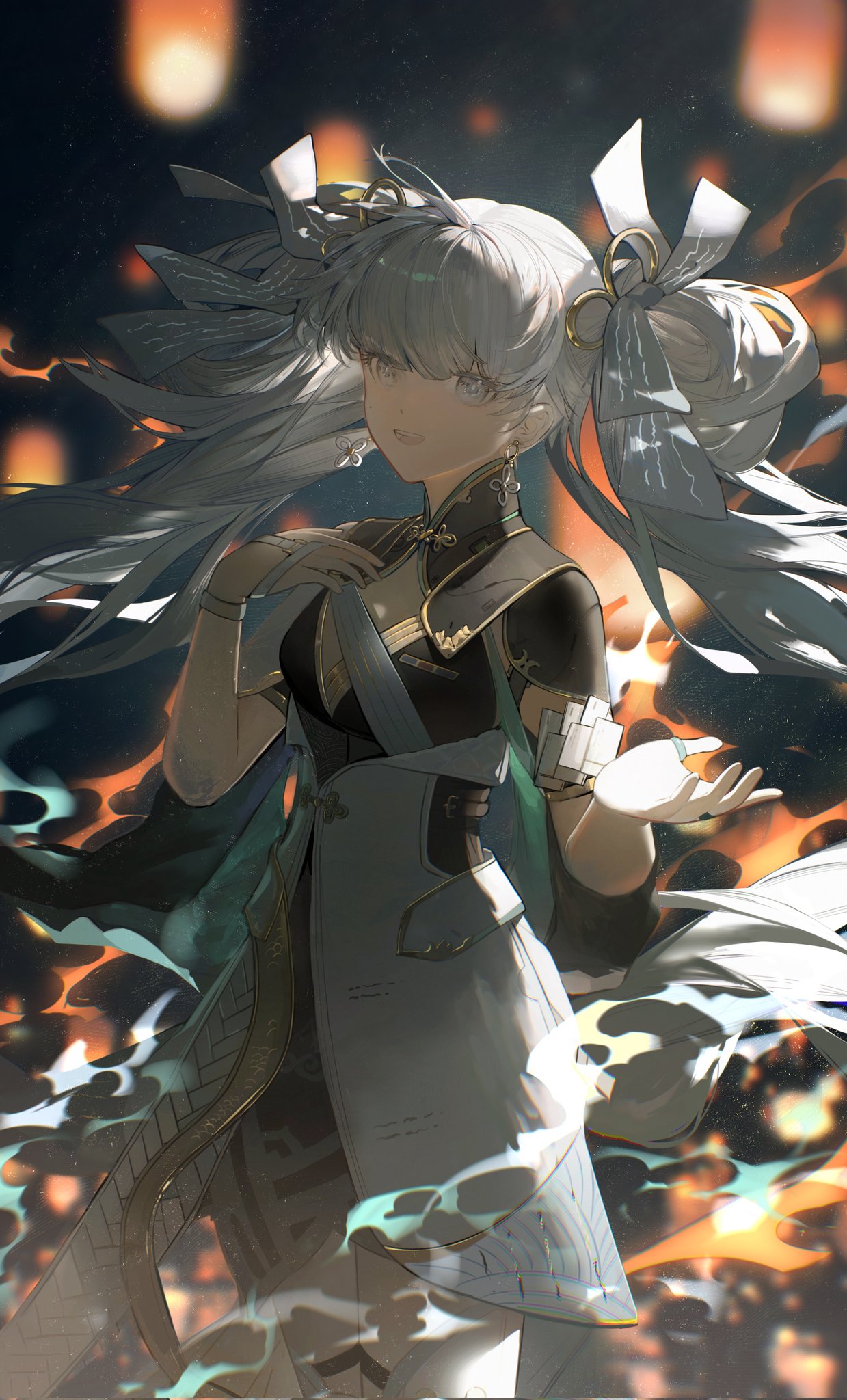 the image showcases a stunning animestyle digital painting of a young woman. she possesses long, flowing white hair styled in twintails adorned with elegant white ribbons.  her attire is a blend of traditional asianinspired clothing elements, possibly chinese or japanese in style, featuring a flowing, lightcolored robe with dark accents and gold detailing.  she stands amidst a swirling backdrop of vibrant orange and teal flames and glowing lanterns, creating a mystical and dramatic atmosphere. the woman's expression is serene yet captivating, and her pose suggests a sense of grace and power. the overall artistic style is highly detailed and evocative, with a focus on both the character's beauty and the atmospheric effects of the setting.