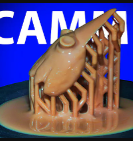 a closeup photograph of a failed 3d print of a skull. the print is still attached to it's supports and partially submerged in uncured resin. the print appears to have failed midprint, leaving the top half of the skull welldefined and the bottom half mostly formless.
