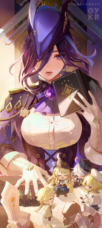 this is a digital illustration of a young woman with long, flowing purple hair and blue eyes. she is wearing a purple dress with a white collar and white gloves. she is holding a book with a golden star on the cover and is looking at it with a smile. there are four other children around her, all with different colored hair and different clothing.  the woman and children are all looking at the book and appear to be happy. the background of the illustration is a blurry image of what looks like a castle or mansion. the style of the illustration is whimsical and magical, which is fitting for a storybook. the overall feel of the image is happy and playful.