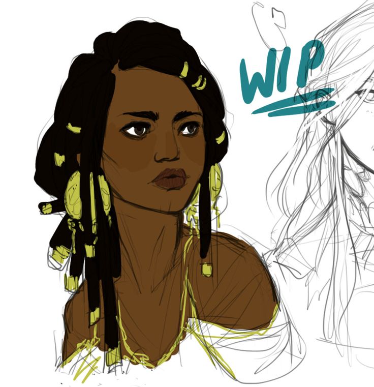 the image shows a digital painting or illustration of a woman's head and shoulders.  the woman has dark skin and long, braided hair adorned with goldcolored beads and large earrings. she wears a gold necklace and a lightcolored garment.  the style is reminiscent of fantasy or historical art, perhaps with inspiration from african or egyptian cultures.  in the background, a pencil sketch of another woman's hair is visible, labeled "wip" (work in progress), indicating the main portrait is still under development. the overall color palette is warm, with rich browns and golds dominating the portrait.