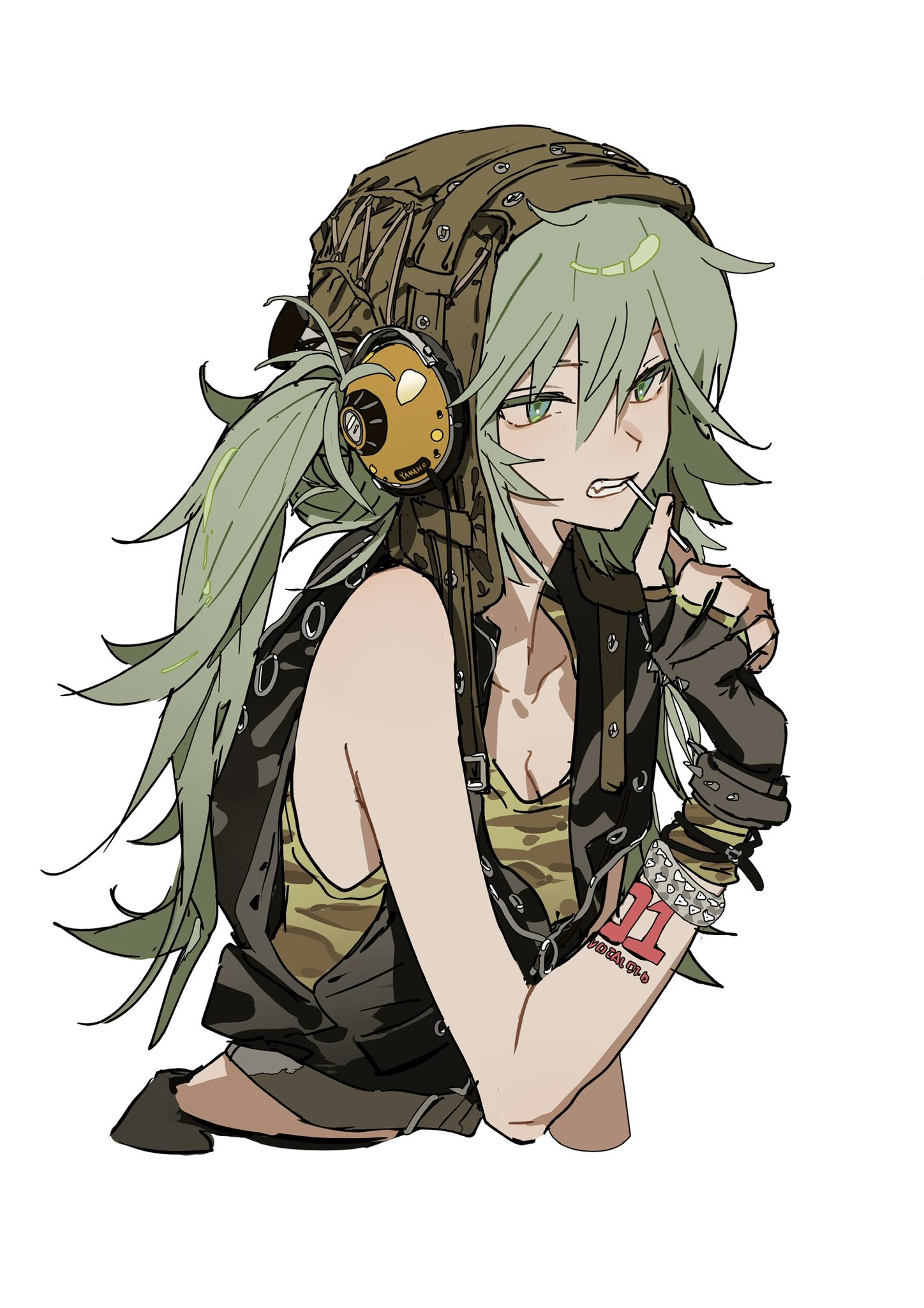 an anime style image of a girl with light green hair wearing a beanie with headphones. she is wearing a military style camouflage tank top underneath a black vest. she has tattoos on her left arm and is holding a lollipop in her mouth.