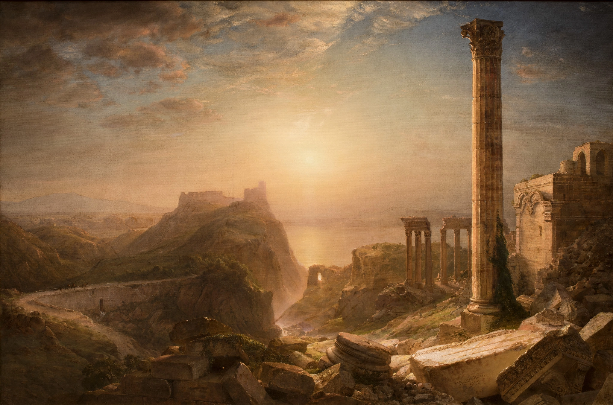 this is a painting depicting an ancient ruin landscape at sunset. it features dilapidated buildings, tall columns, and crumbling structures scattered across the scene. in the background, mountains and a waterway are visible beneath a sky filled with clouds and a bright setting sun. the overall atmosphere evokes a sense of history, decay, and the passage of time, highlighting the grandness of a bygone era.