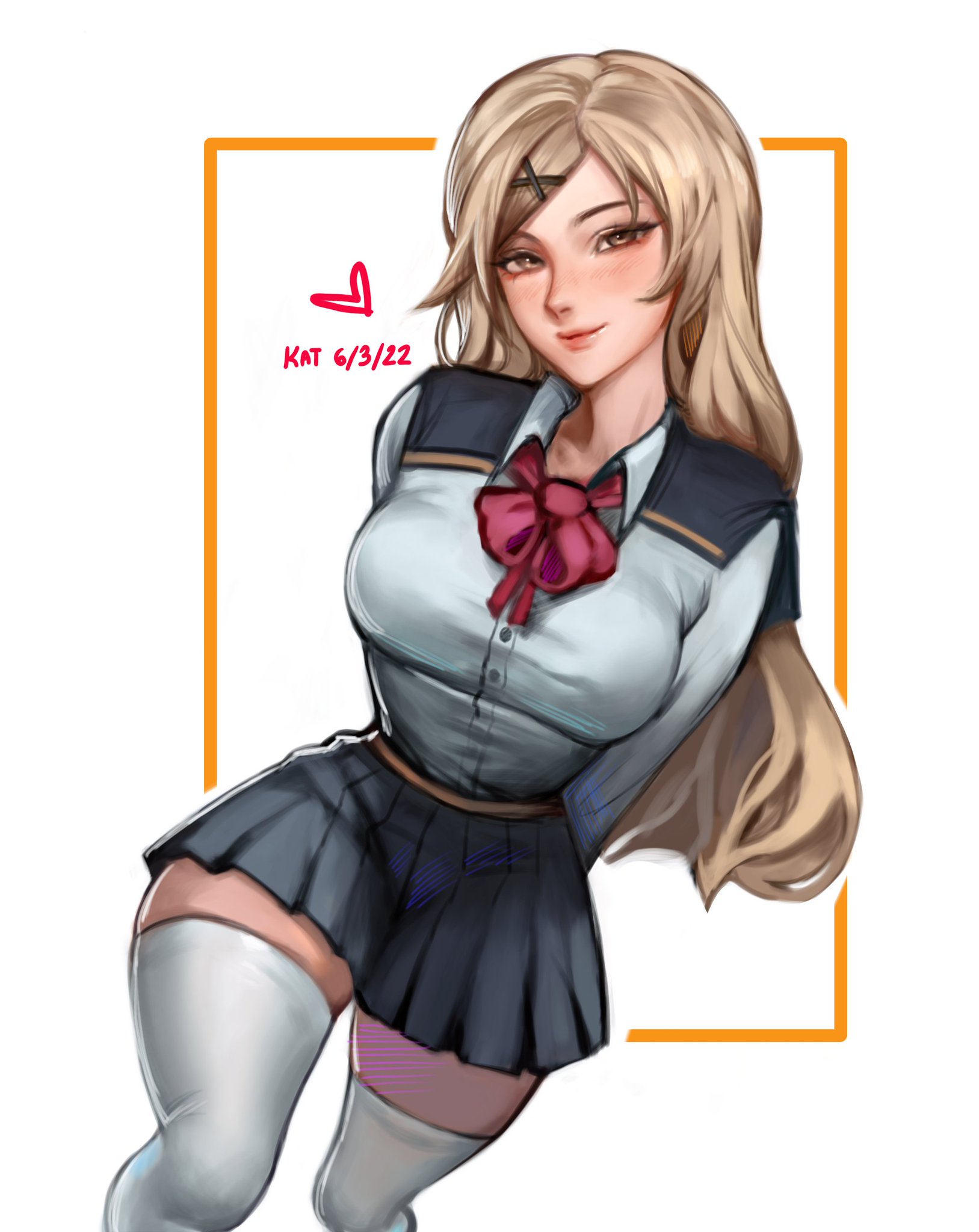 the image is a digital illustration of an animestyle schoolgirl.  she has long blonde hair, is wearing a darkblue pleated skirt, a white blouse with darkblue accents, and a darkred bow tie.  she's also wearing white thighhigh socks.  her pose is playful and slightly suggestive. the artwork is in a vibrant color palette and features a soft, slightly painterly style.  a orange frame surrounds her, and the artist's signature "kat 6/3/2