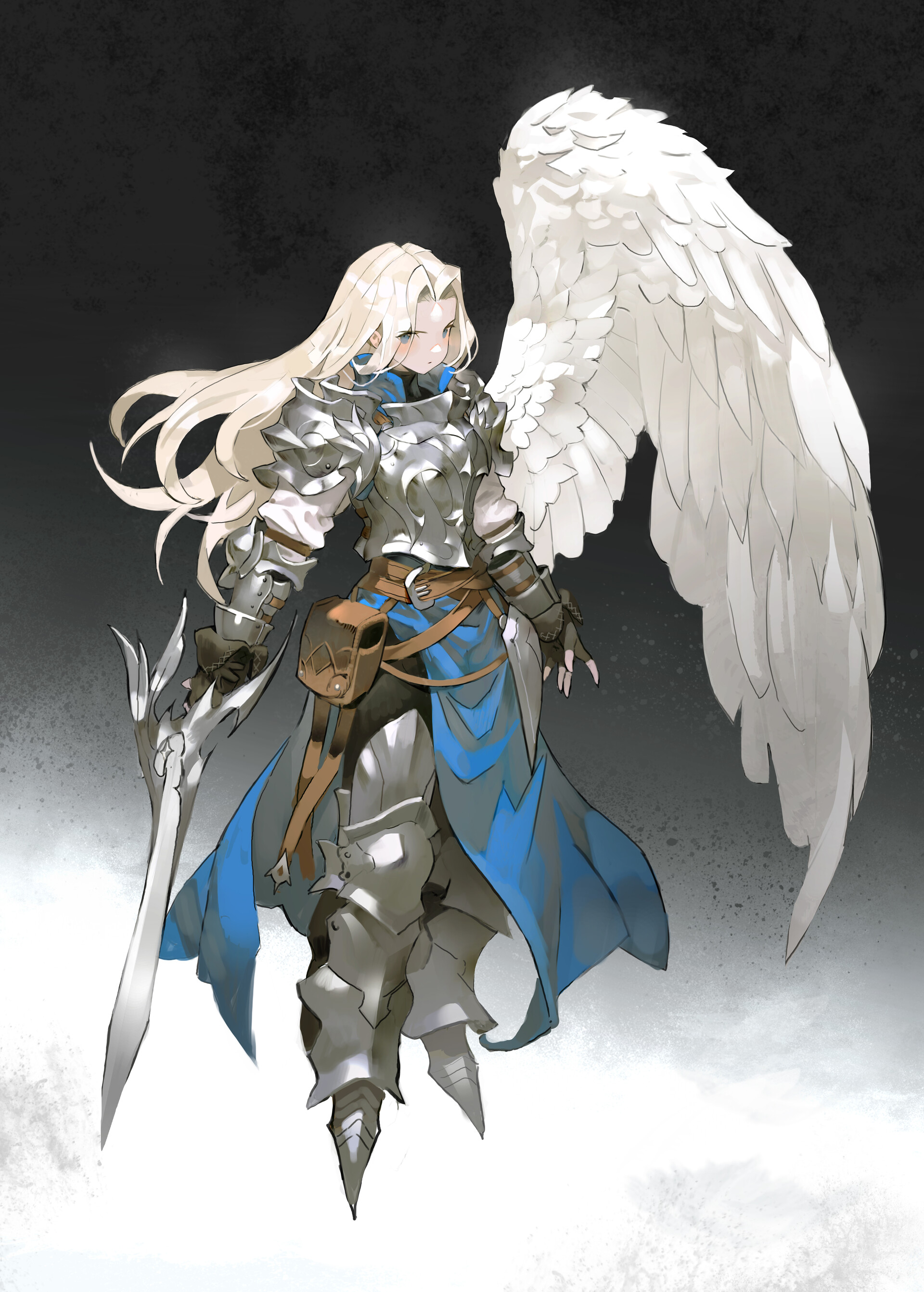 an angel woman wearing full body armor, a blue cape, and carrying a sword with one white wing is depicted.