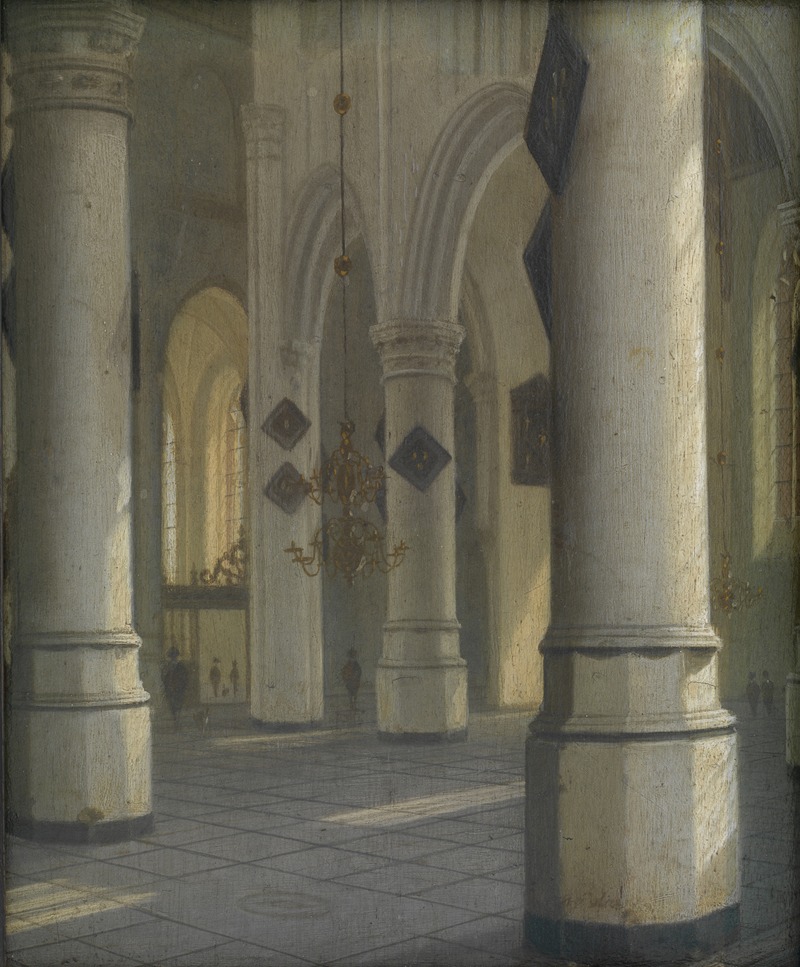 a painting depicting the interior of a church with large columns, arches, and chandeliers. light streams in from a window, illuminating the tiled floor. small figures are visible in the background.