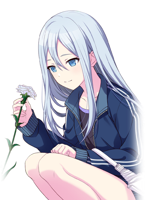 anime girl with long white hair and blue eyes, crouching while holding a white flower. she is wearing a blue tracksuit jacket. the character is asahina mafuyu from project sekai.