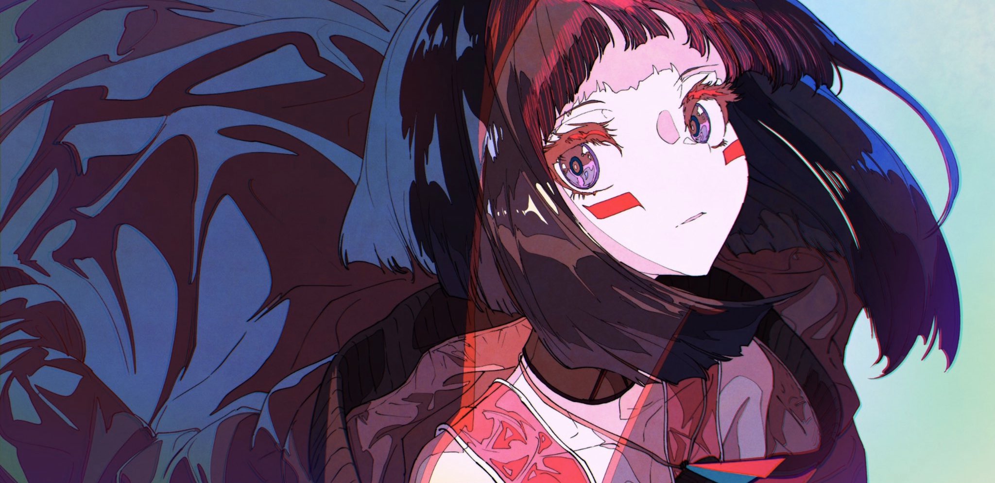loseup digital art illustration of a stylized anime girl with dark hair and vibrant red and purple eyes. she has red markings under her eyes. her hair is windblown, and she is wearing a dark jacket or cloak. the art style is colorful and expressive, with a blend of manga and graphic art influences. the background is a muted teal and purple.
