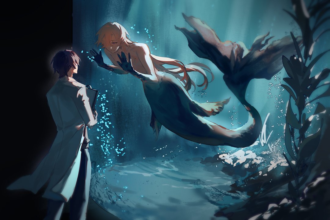 the image is a digital painting of a mermaid and a human boy. the mermaid has long blonde hair and a slender tail. she is swimming in the ocean, her tail shimmering with a blue glow. the human boy is standing on the shore, watching her with wonder and awe. there are seaweed plants on the left and right sides of the image, along with bubbles floating around the mermaid. the entire image is painted in soft, pastel colors, giving it a dreamlike atmosphere.