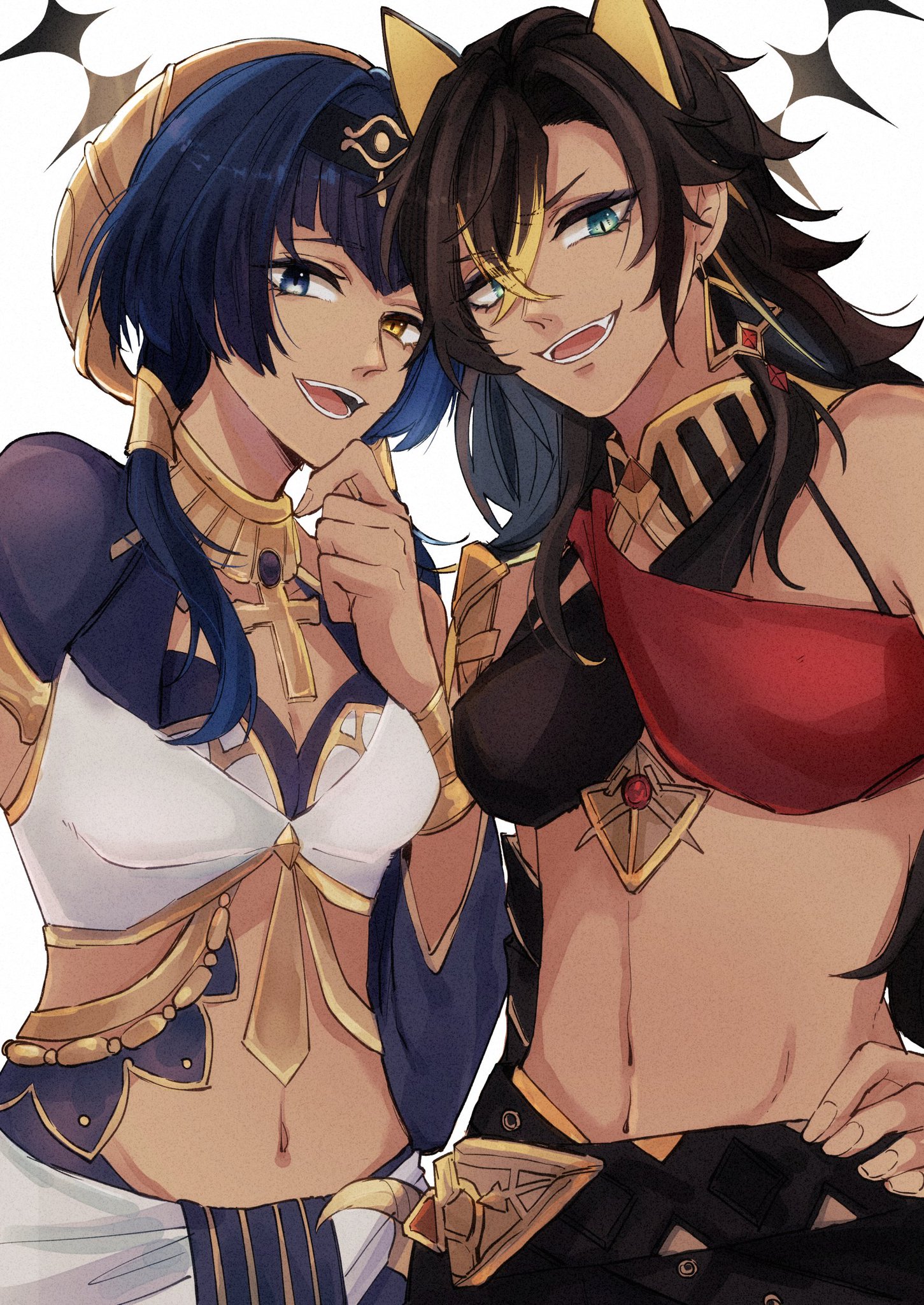 two anime girls are standing close together, smiling. they are dressed in egyptianstyle clothing, with one girl in blue and gold and the other in black and red. they are both wearing elaborate headpieces and jewelry. they look very happy to be together. this is a digital illustration, and it is very detailed.