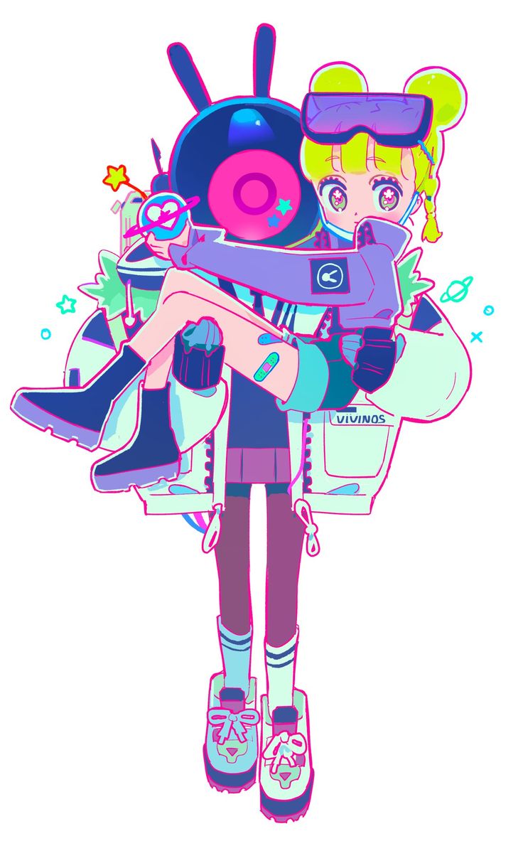 a colorful illustration of an anime girl holding a robot in a spacethemed outfit. she's wearing a white jacket with a blue trim and black pants. the robot has a large, round head with a pink circle in the center. the girl and the robot are both smiling. the background is a white, with stars and planets.