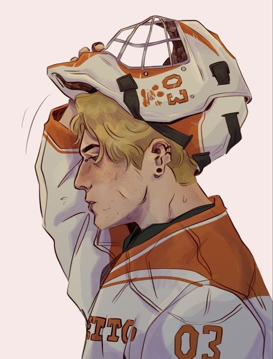 a digital drawing of a blond young man wearing an orange and white hockey jersey. he's taking off his white hockey helmet and looking down, with a contemplative expression on his face. the background is a plain offwhite color.