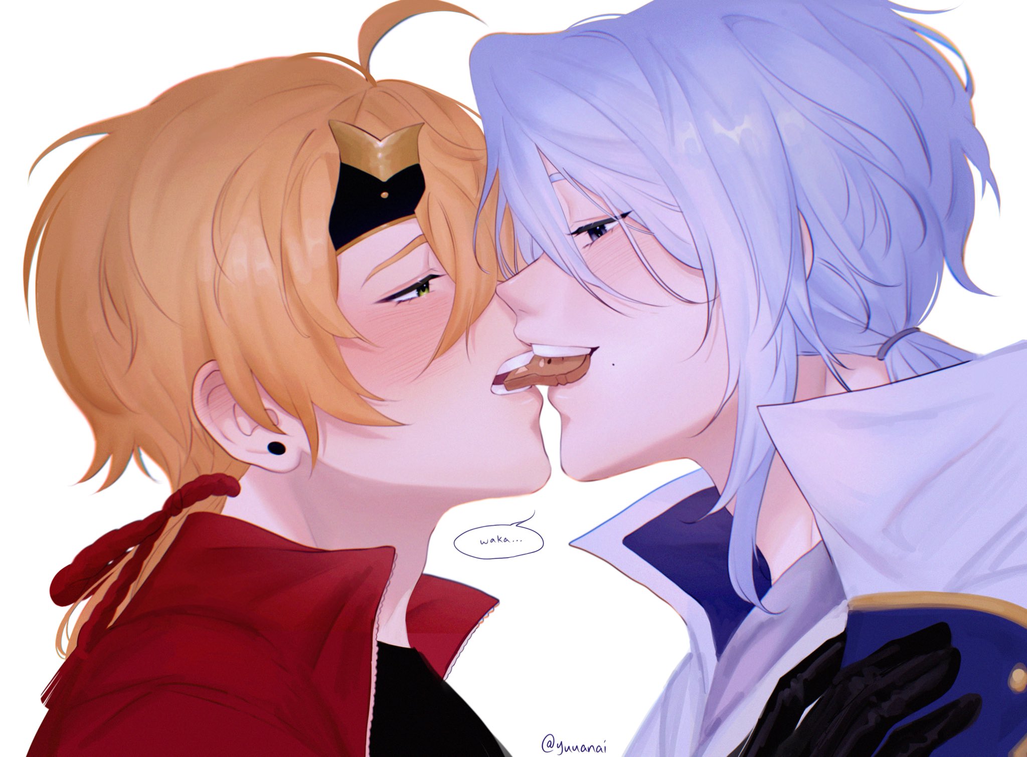 two anime boys are sharing a bite of food and laughing.  they are both blushing and appear to be in love.  the boy on the left has yellow hair,  a red jacket, and a black earring. the boy on the right has long white hair and a blue and white jacket.  there is a light blue background. the boy on the right is saying "waka..."