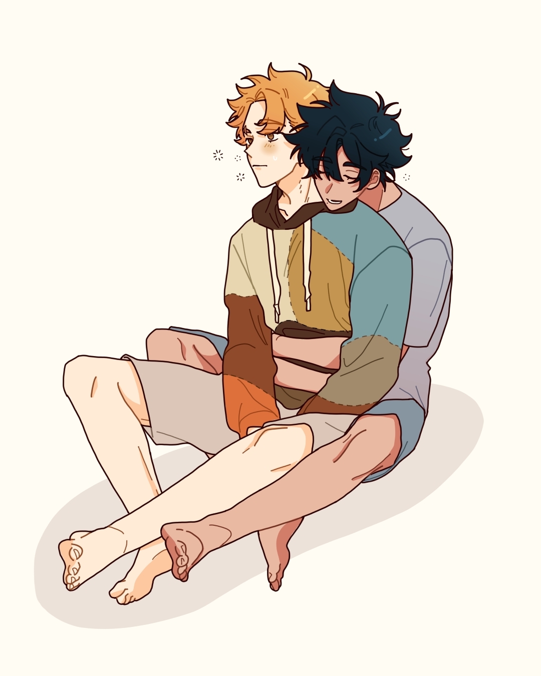 he illustration shows two young men, one with orange hair and one with dark hair, sitting closely together. the darkhaired man has his head resting on the shoulder of the orangehaired man, who is holding him in a gentle embrace. they are wearing casual clothes and appear relaxed and intimate. the style is reminiscent of anime or manga, with soft, pastel colors and a focus on expressive body language. the overall atmosphere is calm and peaceful, evoking a sense of affection and intimacy between the two characters.