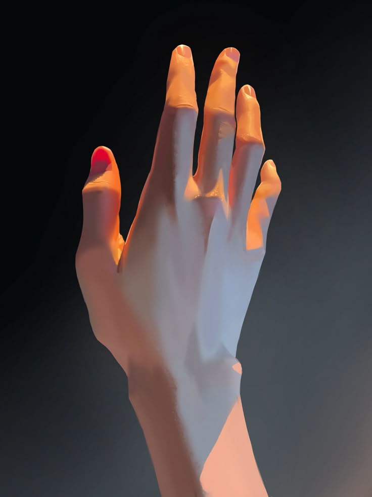 a digital painting of a human hand reaching upward, illuminated by a warm, orange light creating strong shadows. the skin tones are realistic, and the fingers are slightly bent. the background is dark.