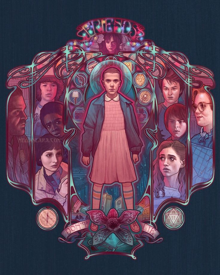 the image is a stylized illustration in the art nouveau style featuring characters and elements from the tv show stranger things. eleven is centered in the image, surrounded by portraits of other main characters arranged around her. the top of the image features the words "serie so" adorned with christmas lights, while the bottom depicts a demogorgon and the phrase "don't die". the overall color scheme is muted with pinks, blues, and browns.