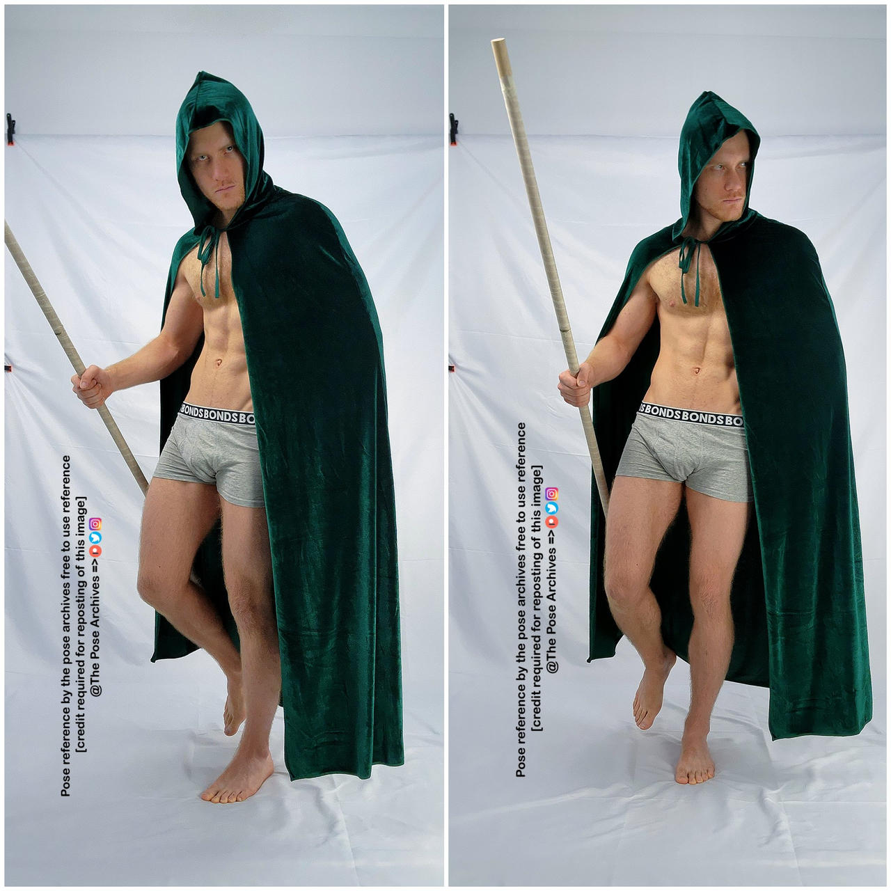 this image features a caucasian man with a muscular physique. he's wearing grey underwear, a long dark green cape, and is holding a tall staff. he's posing in front of a white backdrop in a studio setting. the photo is a diptych, showing the same pose from two slightly different angles. the image includes a watermark indicating that it's intended as a pose reference and credits the source as "the pose archives."