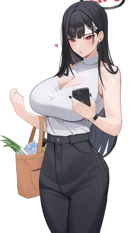 an anime girl with long black hair and red eyes is looking at her phone. she is wearing a white top and black pants and has a bag with groceries in her hand. she is standing and looking down at her phone with a slight smile on her face. she is in a casual outfit and looks like she is out shopping.