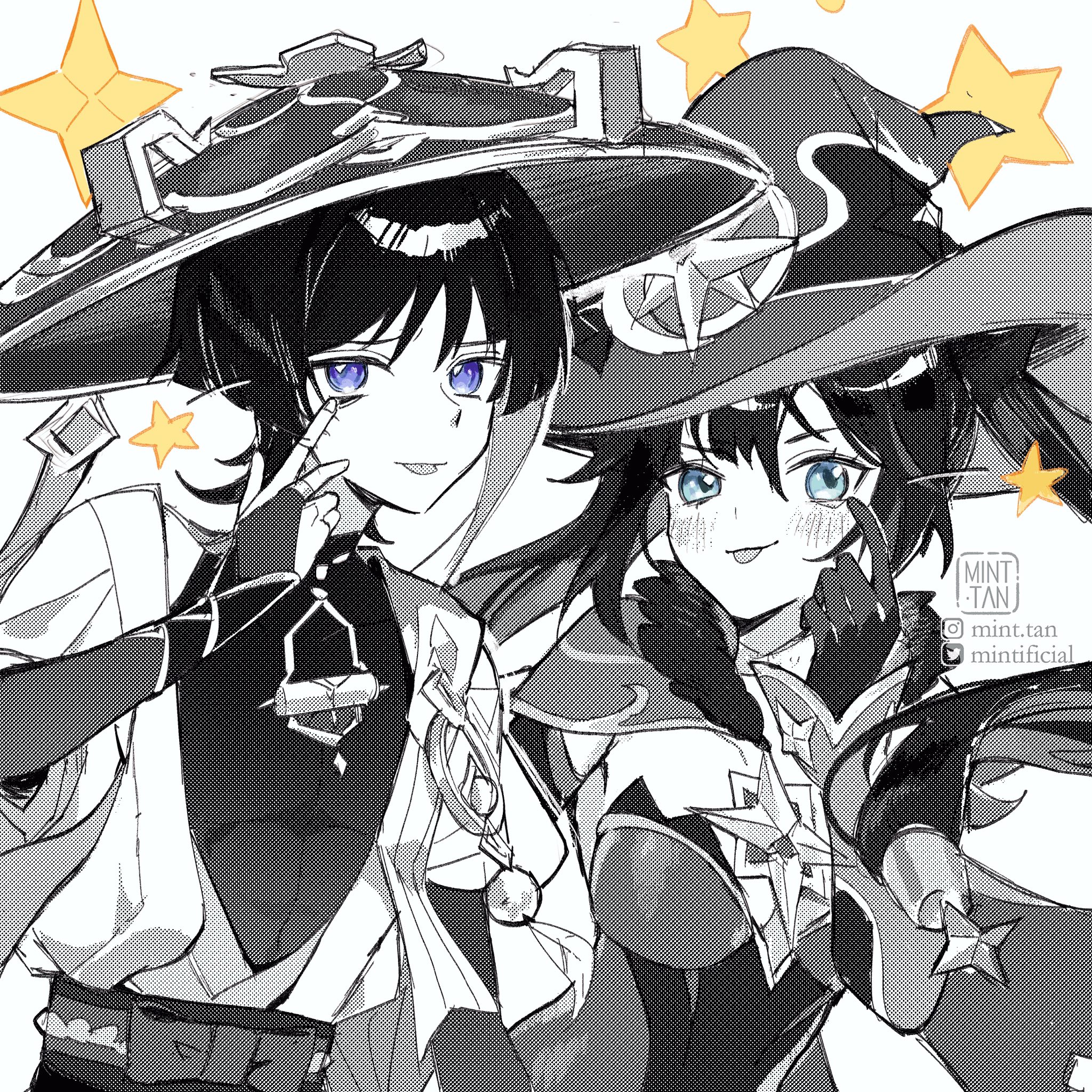 a black and white image of two anime girls in hats. the girl on the left is wearing a large hat with a black and white design. she is wearing a white shirt with a black collar and a black belt. the girl on the right is wearing a smaller hat with a white design. she is wearing a black shirt with a white collar. the girls are both smiling and they are holding hands. there are stars drawn around them.