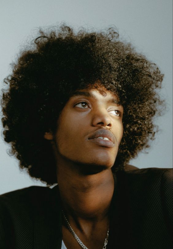 the image features a closeup portrait of a young man with a large, textured afro. he is wearing a black jacket and a silver chain necklace. the man is looking offcamera, and his expression is thoughtful. the lighting is soft and natural, highlighting the texture of his hair and skin. the background is a plain, lightcolored wall.