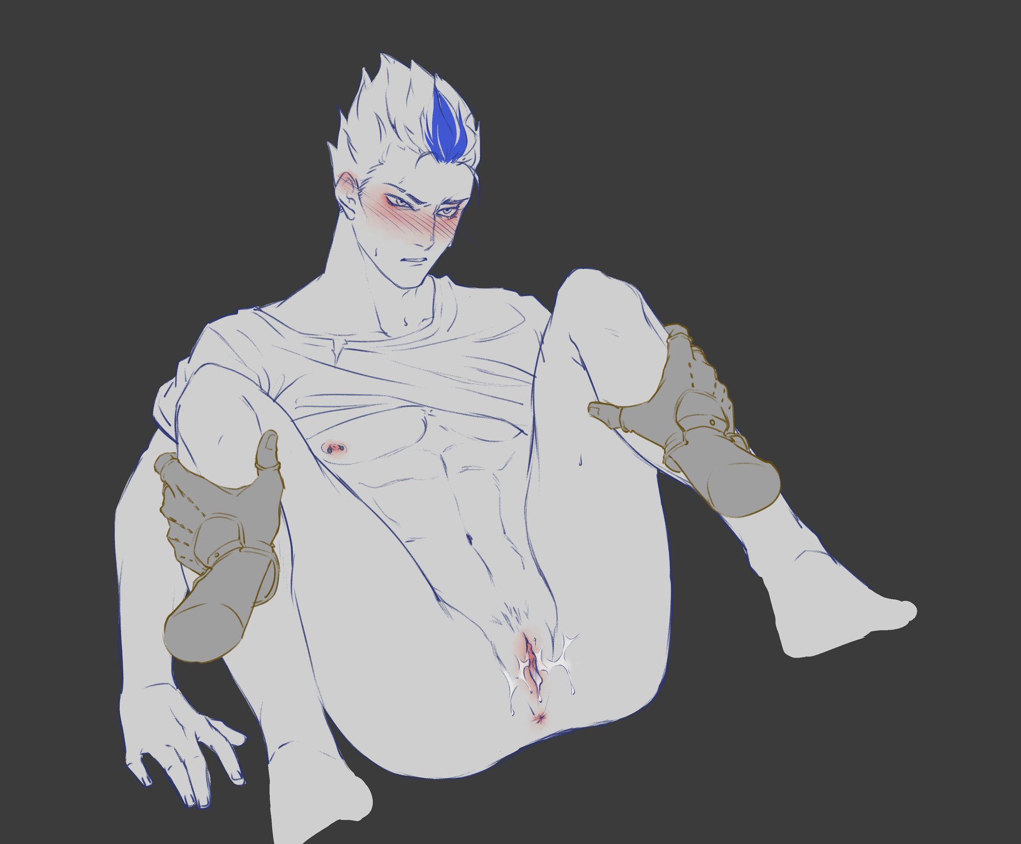 the image is a suggestive digital drawing or sketch of a young, animestyle male figure. he is nude from the waist down and sits with his legs spread, his genitals visible.  he's wearing a loosefitting shirt and appears to be holding or having his legs grasped by gloves. his hair is blue, and he has a slight blush on his cheeks. the overall style is sketchy and somewhat unfinished, giving it a rough, perhaps personal, feel.  the background is a simple, solid gray. the image is clearly nsfw due to its explicit depiction of nudity and suggestive posing.