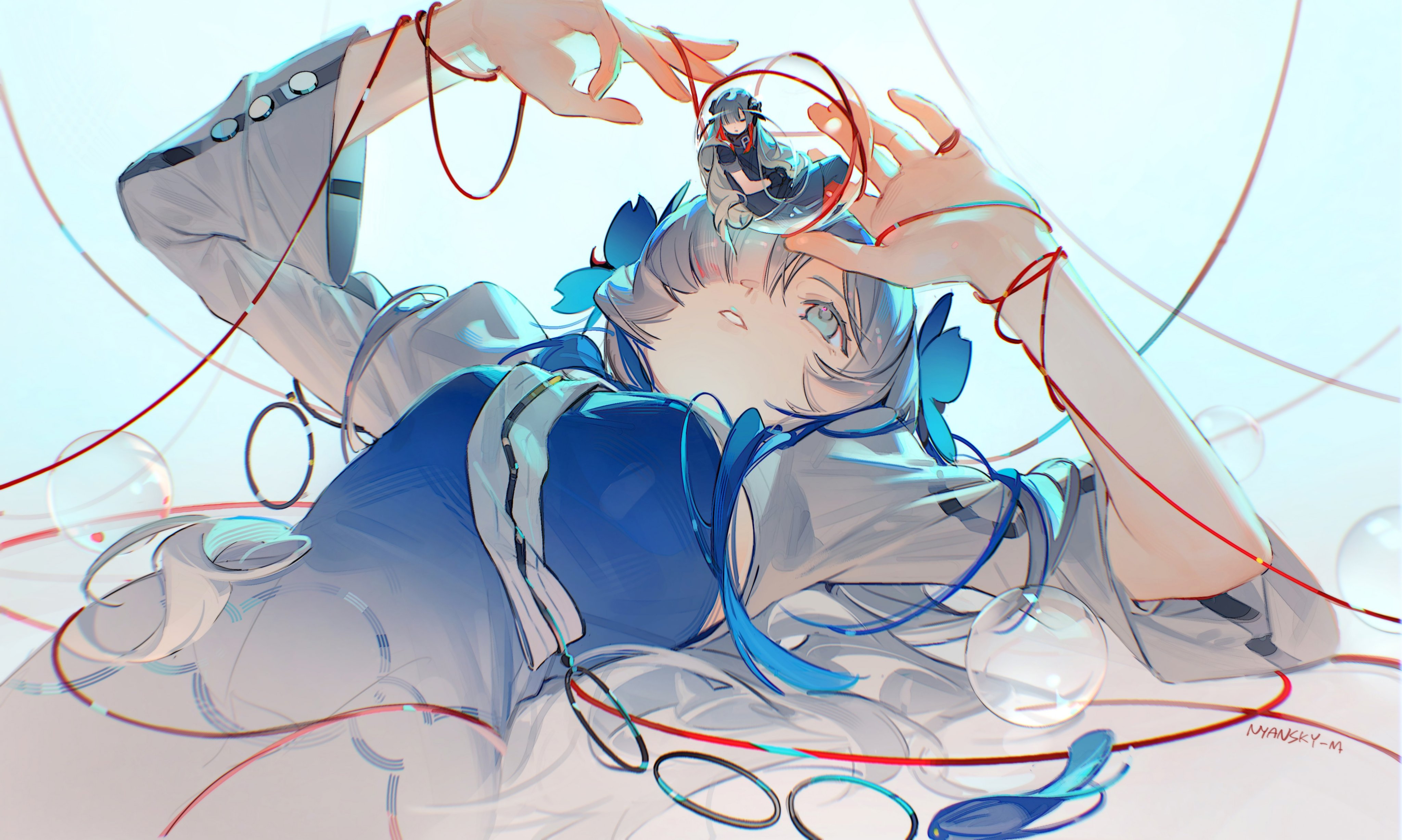 the image features an anime girl lying down, her body partially obscured by flowing white fabric and surrounded by floating bubbles and red strings. she holds a transparent sphere above her face, reflecting a miniature version of herself sitting inside. the palette is primarily cool tones of blue, white, and grey, creating a dreamy and ethereal atmosphere. the red strings and the girl's blue outfit provide subtle pops of color against the predominantly light background.  the overall effect is one of delicate beauty and subtle surrealism.