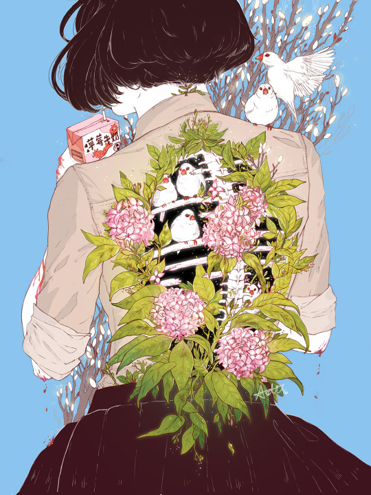 the image showcases a girl, depicted from the back, with short, dark hair. she holds a pink carton, adorned with japanese text, in her left hand. her back, partially visible through the open collar of her blouse, reveals a surreal sight: delicate pink flowers and leafy greens intertwine with her skeletal structure, creating an ethereal and somewhat melancholic visual. small white birds, perched amidst the flora, add to the scene's tranquility. this central figure is set against a solid, bright blue backdrop, further emphasizing the artwork's dreamlike quality.
