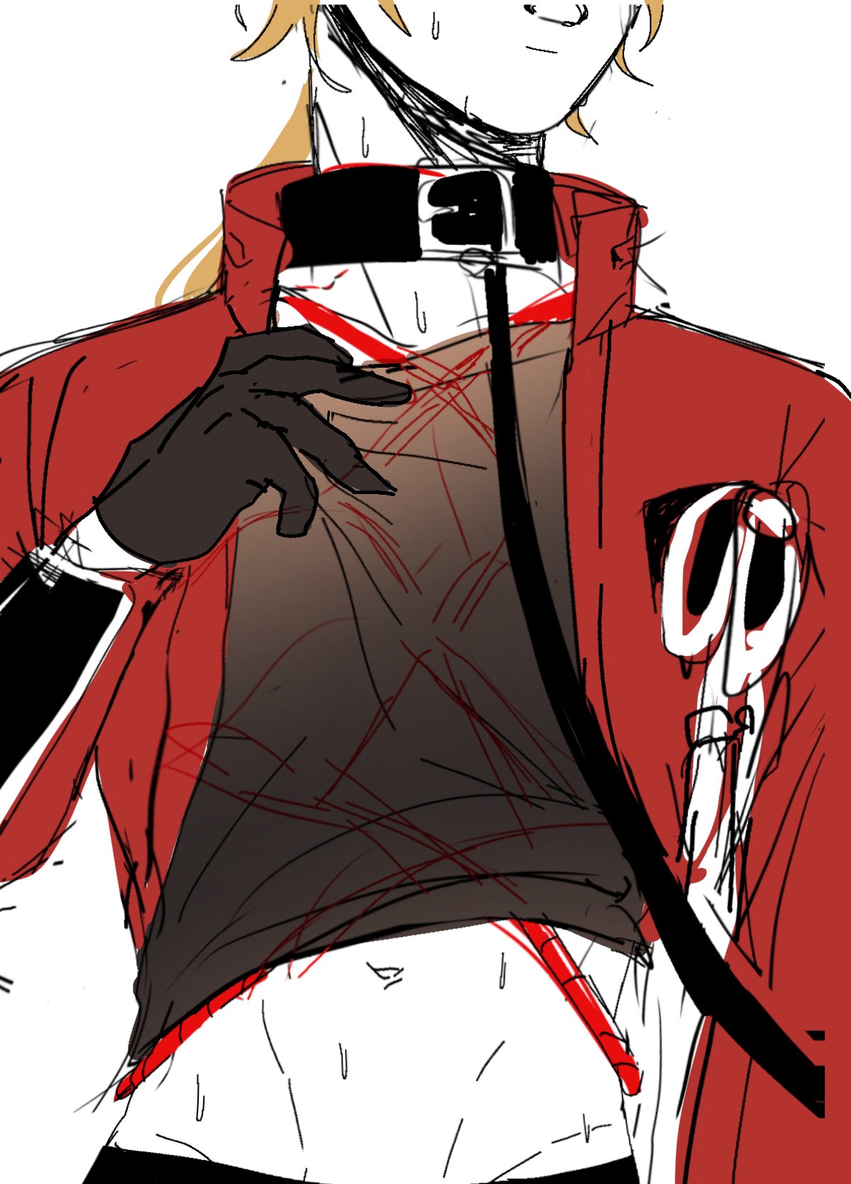 a drawing of an anime character, possibly male. he is wearing a red jacket with a black collar and black gloves. he has a black line around his neck, possibly a choker or leash. there are red lines on his torso, possibly cuts. there are scissors on his right side, possibly a weapon. the drawing is done in a manga style.