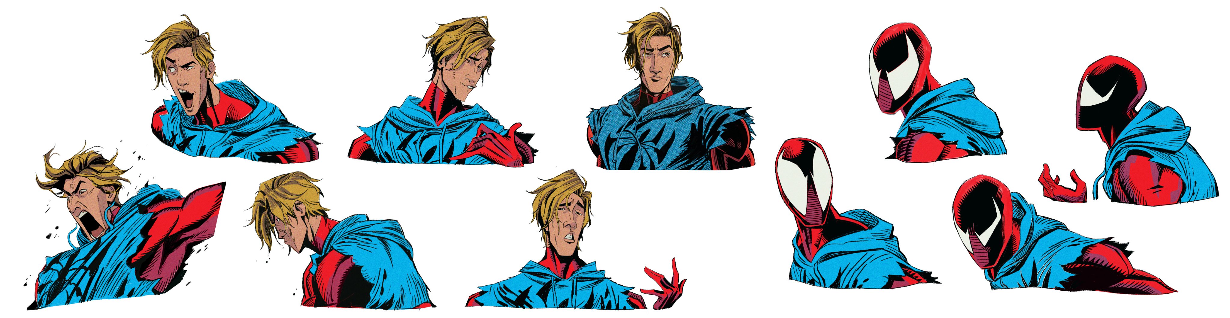 a comic book illustration of a superhero character wearing a red and blue costume. the character is depicted in multiple poses, expressing different emotions and actions.