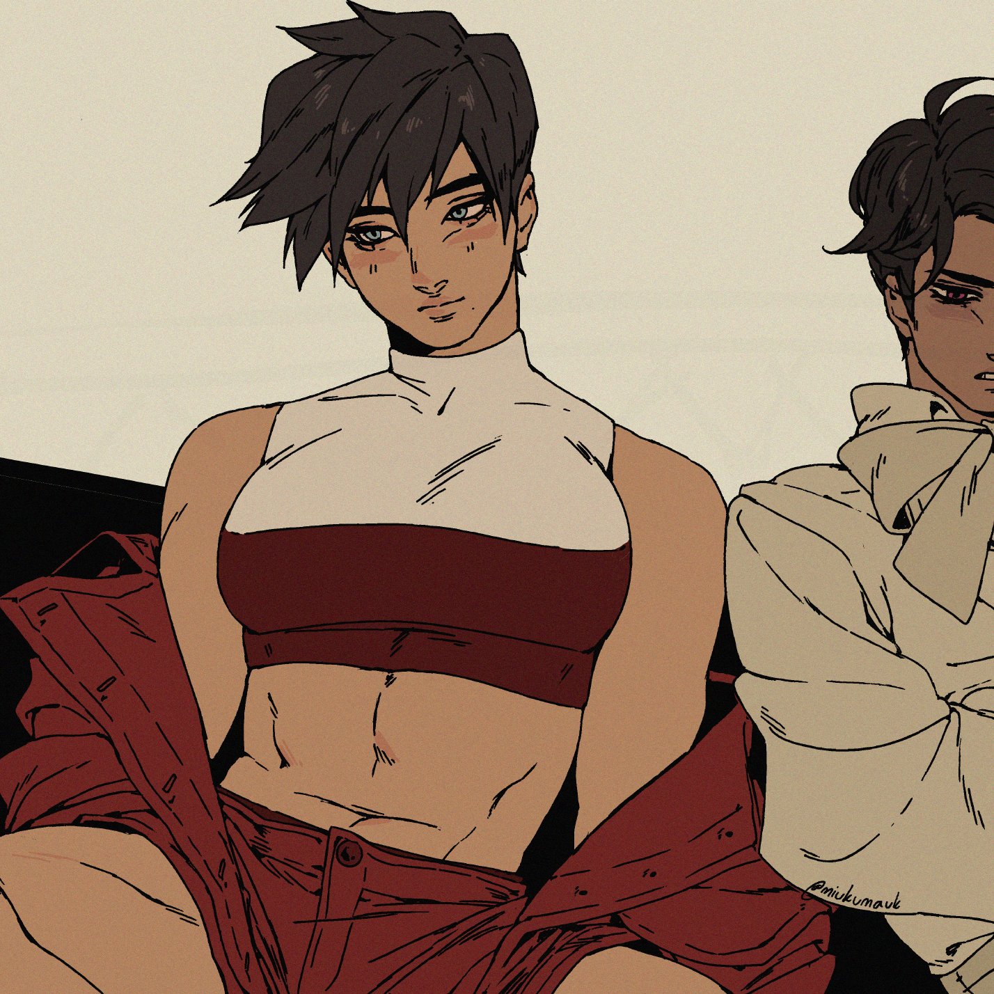 this digital art illustration features two anime characters. the woman with short black hair is wearing a red and white crop top and matching shorts. she is seated with her legs crossed. the man is seated to her right, wearing a longsleeved white shirt.  they both appear to be leaning against something, possibly a chair, in a relaxed, casual pose. they are both looking down at the floor.  the style of the drawing is more realistic than typical anime, with a lot of detail in the characters' features and clothing. the colors are rich and saturated, which adds to the overall sense of cool and stylish.