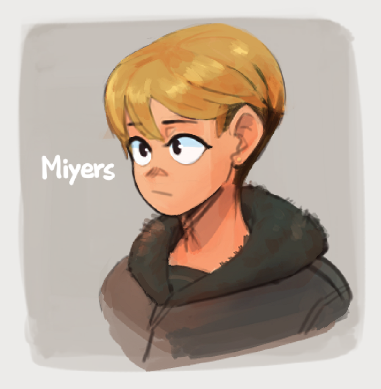 a drawing of an anime boy with blonde hair, a brown jacket with a fur collar, and his hair is parted on the side. he is looking to the side. he is drawn in a digital style, and his expression is neutral.