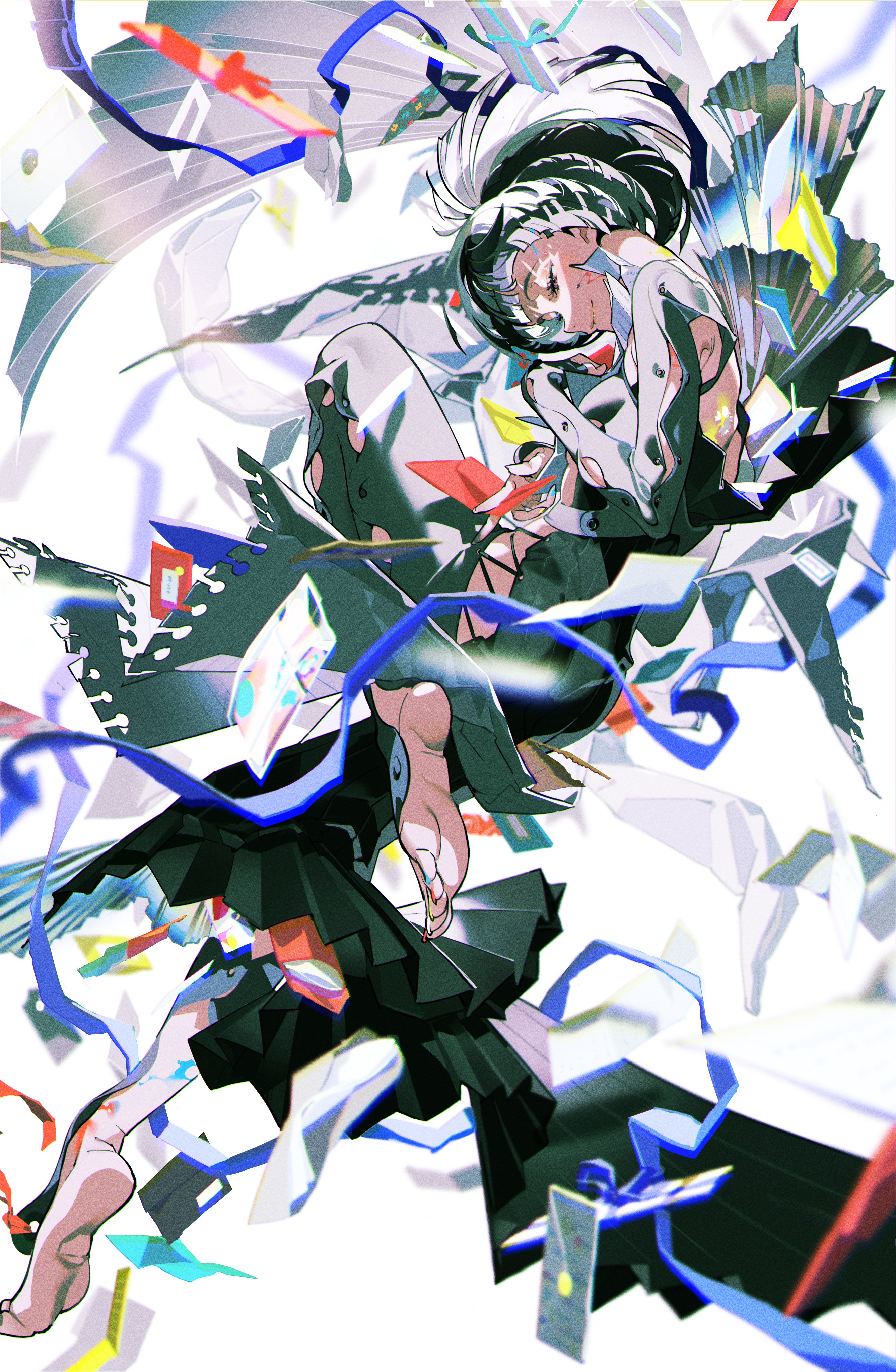 the image depicts a young woman with black and white hair, falling through a chaotic space.  her body appears to be partially mechanical, suggesting she is a cyborg or android.  she's dressed in a mix of black and white clothing, and her pose is dynamic and full of movement. the background is abstract, with shattered elements and colorful ribbons swirling around her. the overall effect is one of action, energy, and a sense of futuristic chaos.
