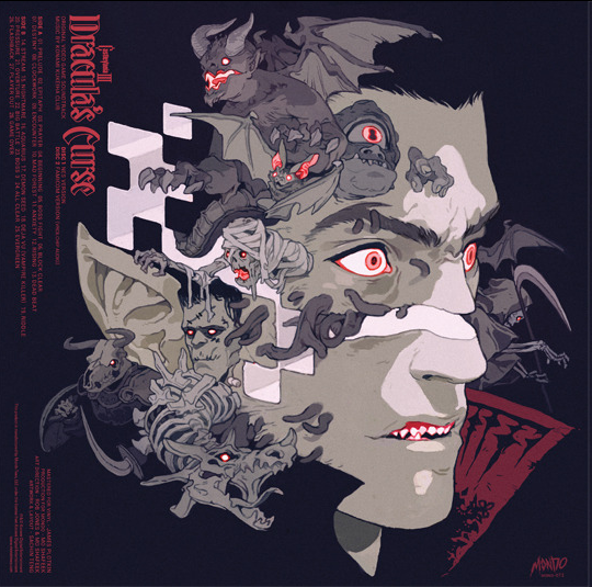 the image is an illustrated poster, likely for a movie or game titled "dracula's curse". it features a closeup of a man with pointed ears and sharp fangs, suggesting he is a vampire. he has pale skin and his eyes are solid red.  overlaid on his face and surrounding him are images of various grotesque creatures, including demons, bats, and skeletons. these figures are rendered in a slightly more cartoonish style than the man's face, creating a contrast that adds to the unsettling feel of the piece. the title "dracula's curse" is written vertically on the left side in a bold, red font, immediately drawing the viewer's eye. the overall color palette is dark and muted, dominated by shades of gray and black, with the red of the title and the vampire's eyes providing a stark contrast. this color scheme, along with the subject matter and the grotesque imagery, creates a distinctly eerie and unsettling atmosphere.