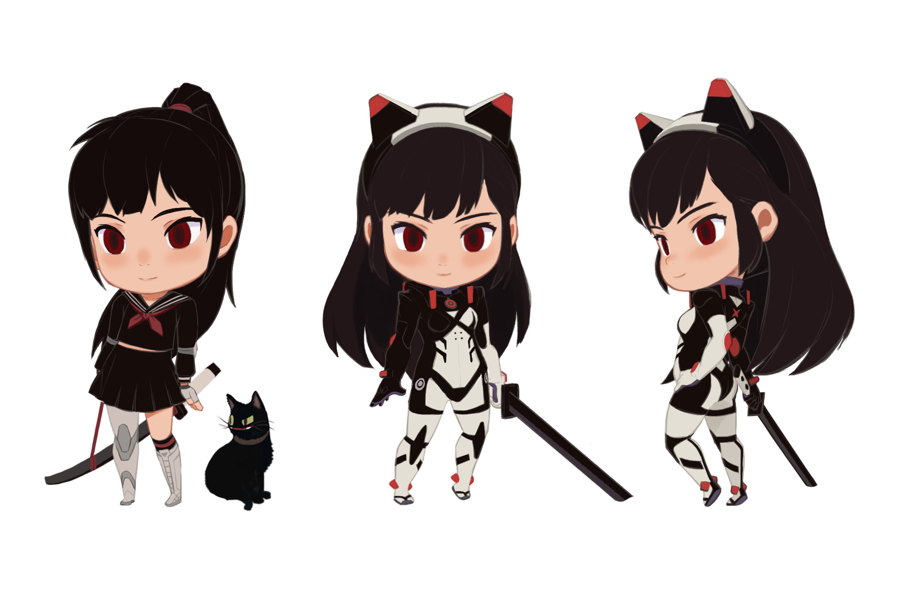 the image showcases three different views of a chibi anime girl character design. she has black hair, red eyes, and is wearing a mix of school uniform and futuristic armor with red accents. in one view, she is accompanied by a black cat and holds a katana. the other two views depict her in a more dynamic pose, wielding the katana.
