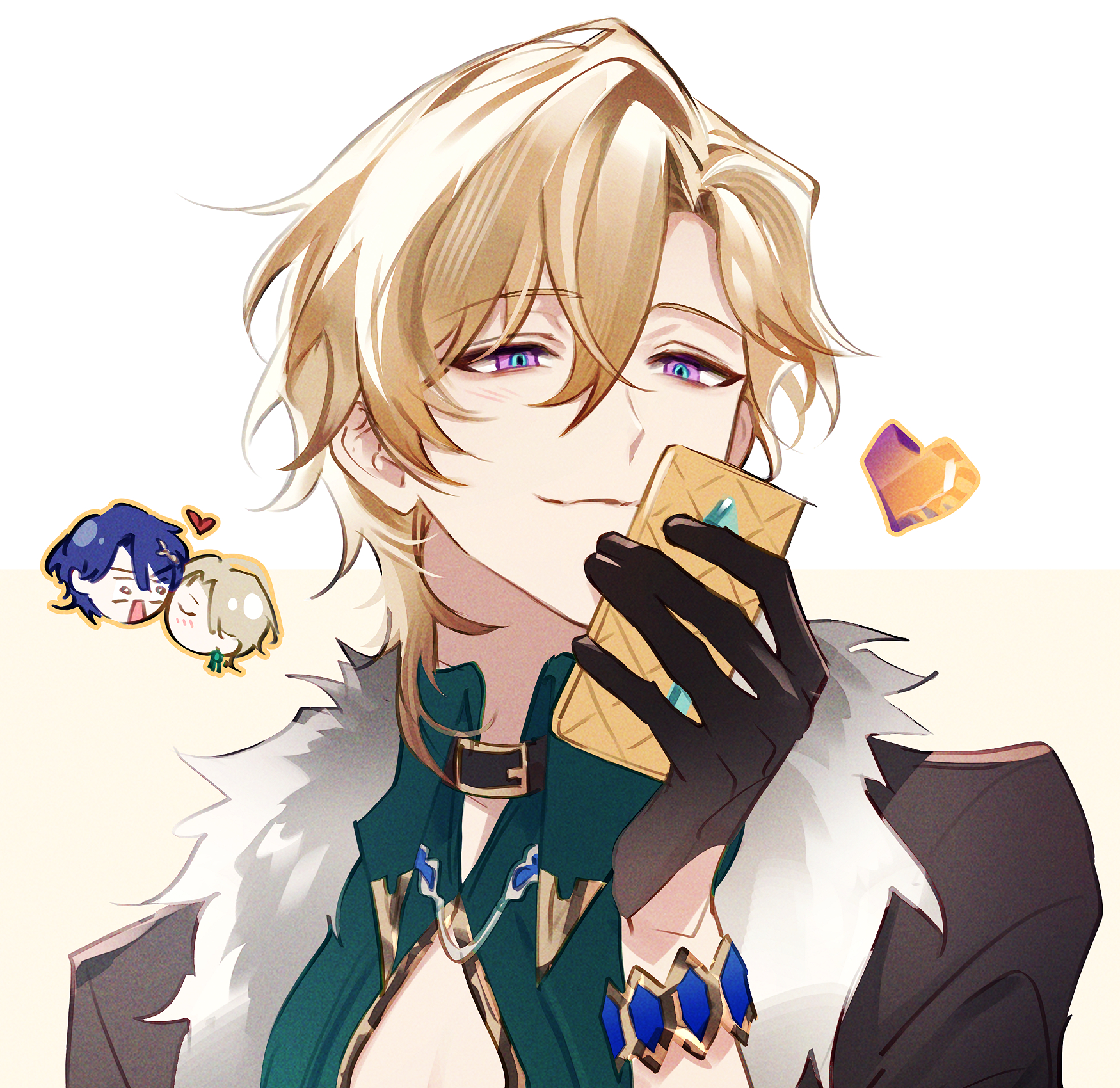 the image is a digital fanart depicting a stylized animestyle male character. he has long, blonde hair styled in a somewhat messy yet elegant manner, and striking purple eyes.  he's dressed in rich, dark clothing; a tealgreen top with gold detailing, a dark brown or black jacket with a faux fur collar, and black gloves. he's holding what appears to be a chocolate bar or similar snack to his face, giving him a coy, happy expression.  a small chibistyle couple is depicted in the upper left corner, suggesting a romantic or friendly context. the overall art style is soft, with a focus on detail in the hair and clothing. the color palette is muted but rich, with a balance between warm and cool tones. the background is a simple, offwhite/cream color.