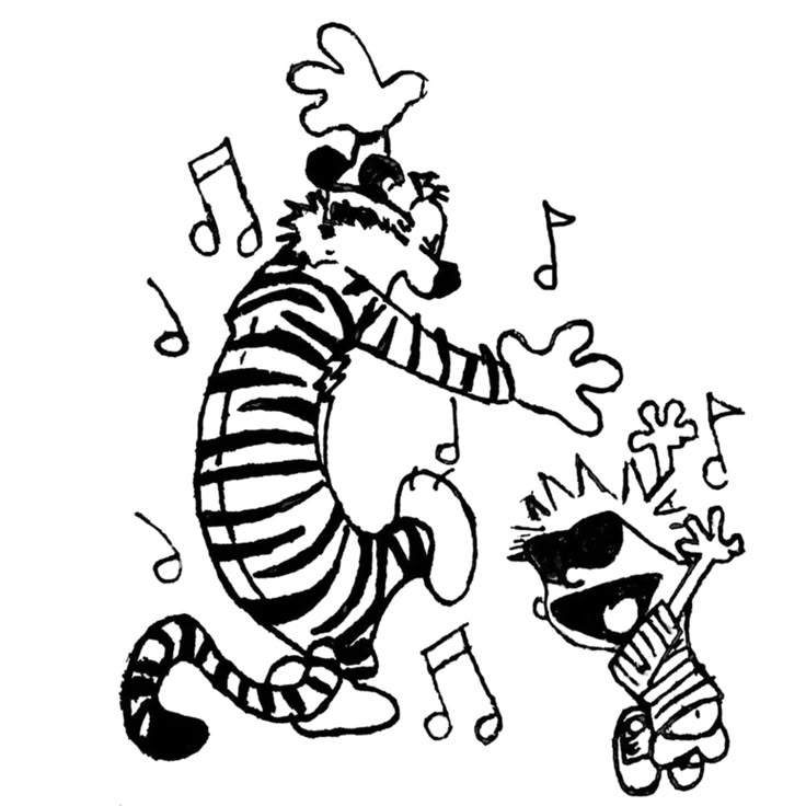the image shows calvin and hobbes dancing. hobbes, a tiger, is on the left, standing on his hind legs and raising his arms. calvin, a boy, is on the right, also with his arms raised. music notes surround them, indicating they are dancing to music.