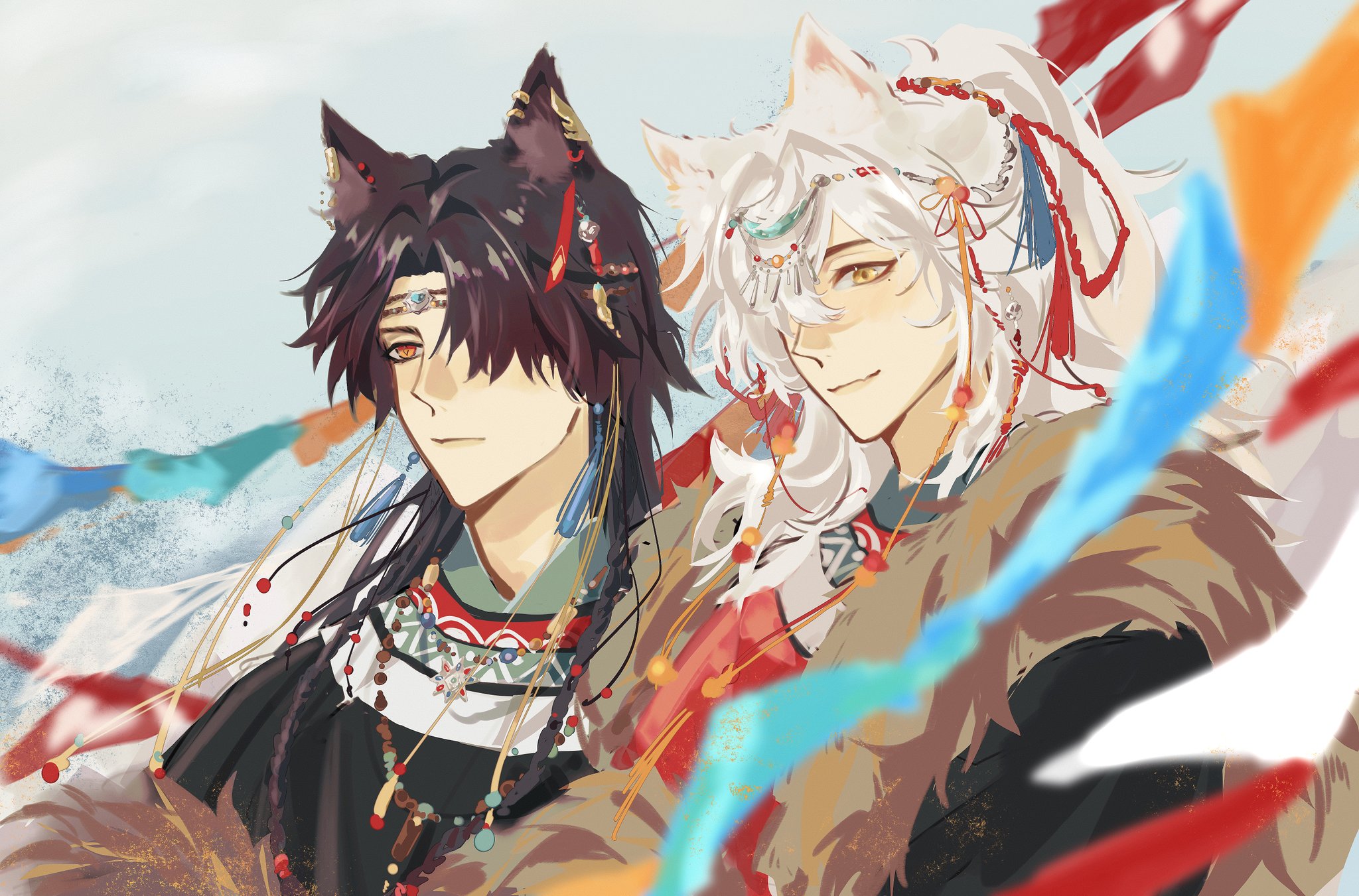 the image is a digital artwork of two anime characters, one with white hair and wolf ears, and the other with black hair and fox ears. they are wearing traditional clothing and jewelry, including a necklace with beads and pendants. they are standing close together and look like they are a couple. the background is a colorful landscape with a sky and a variety of ribbons and streamers. the artwork is welldetailed and expressive, with a focus on the characters' emotions and relationships.
