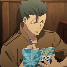 a drawing of a man with short dark green hair sitting at a table indoors, concentrating on a crossword puzzle book in his hands. he's wearing a brown jacket and holding a blue pen. the lighting is soft, giving the image a warm and inviting atmosphere.
