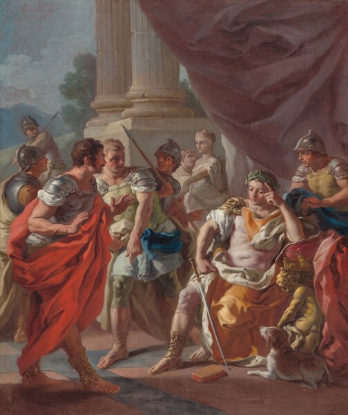 the image is a classical painting depicting a scene from ancient rome. a man, adorned with a laurel wreath, is seated on a thronelike chair with a thoughtful expression. he is dressed in a toga, and a sword lies beside him. two soldiers, clad in armor and togas, stand before him, seemingly engaged in a conversation. a small dog sits at the foot of the throne. behind the main figures, other soldiers and figures are visible, some standing near classical columns, suggesting the setting is a palace or grand building. the style and attire indicate a historical scene from the roman empire, captured in the form of fine art.