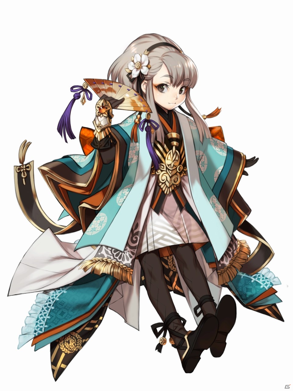 an animestyle illustration of a young girl with gray hair and brown eyes dressed in an elaborate, flowing kimono in shades of blue, orange, and white. she is holding a decorated fan in her right hand and her pose suggests she's about to jump or fly. the background is white, putting the focus on the character.