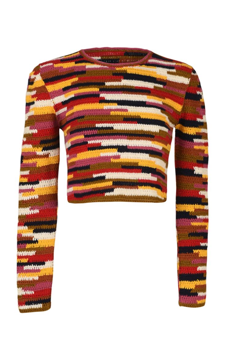 a women's sweater in a colorful crocheted pattern with a long sleeve. the sweater is cropped and has a round neckline. it is in a variety of colors including brown, white, red, yellow, black, and pink.