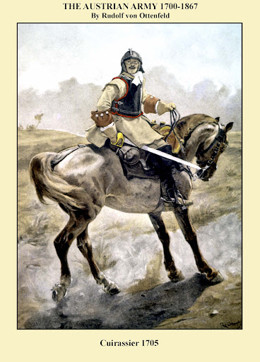 a painting depicting a mounted austrian soldier from the 1700s. the soldier is wearing a cuirass and helmet, and he is riding a horse. the soldier is holding a sword in his right hand. the painting is set in a rural setting, with a field in the background. the painting is titled "cuirassier 1705".