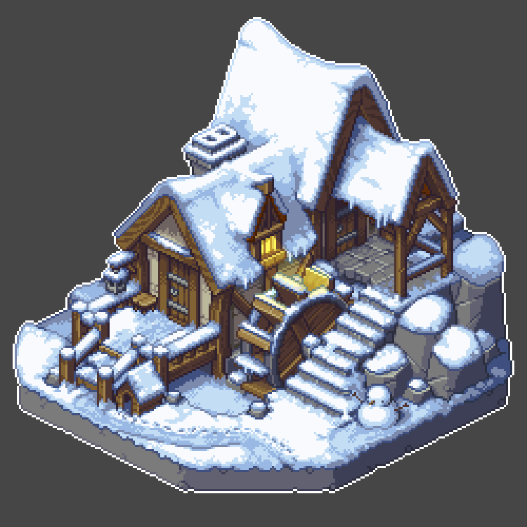 the image is a pixel art rendering of a charming, snowcovered watermill.  the isometric perspective allows a clear view of the building's structure, including a wooden water wheel, stone steps leading up to the mill, and a snowladen roof.  the building is detailed, showcasing wooden beams, a small window, and a chimney. the surrounding environment is also rendered in pixel art, showing snowdrifts, rocks, and small snowmen. the overall style suggests a game asset or illustration for a winterthemed game or project. the color palette is muted and evokes a cold, but cozy atmosphere.
