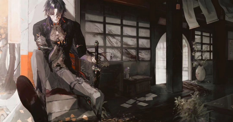 the image is a digital artwork that depicts a young male anime character with long black hair. he's wearing a black coat, a white shirt, and dark pants. the character is sitting in a traditional japanesestyle room with a wooden floor, a window, and a door. he's holding a sword in his left hand, and his right hand is resting on his knee. there are papers scattered on the floor. the room is dimly lit, with a soft, ethereal glow coming from the window. the character's expression is serious and thoughtful, and the overall mood of the image is one of mystery and intrigue. the artwork is highly detailed, with intricate textures and lighting. the colors are muted and subdued, with a focus on shades of gray, brown, and black.