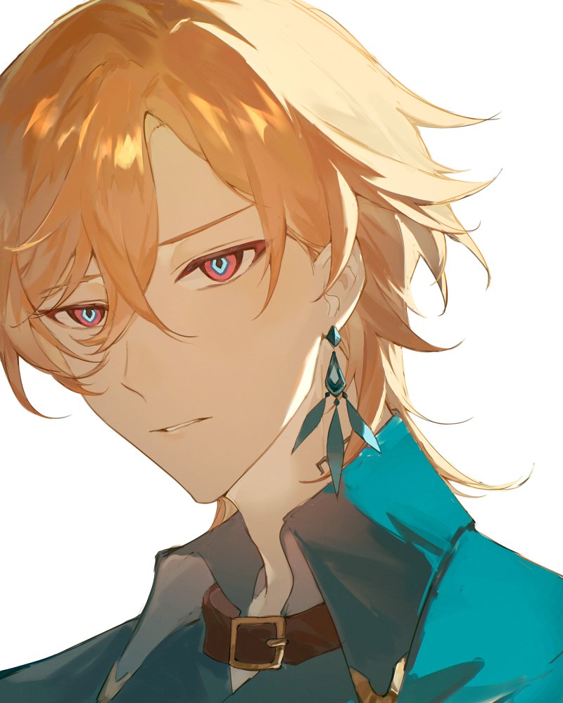 a closeup portrait of a male anime character. he has blonde hair and is wearing a blue jacket. he has a serious expression on his face.