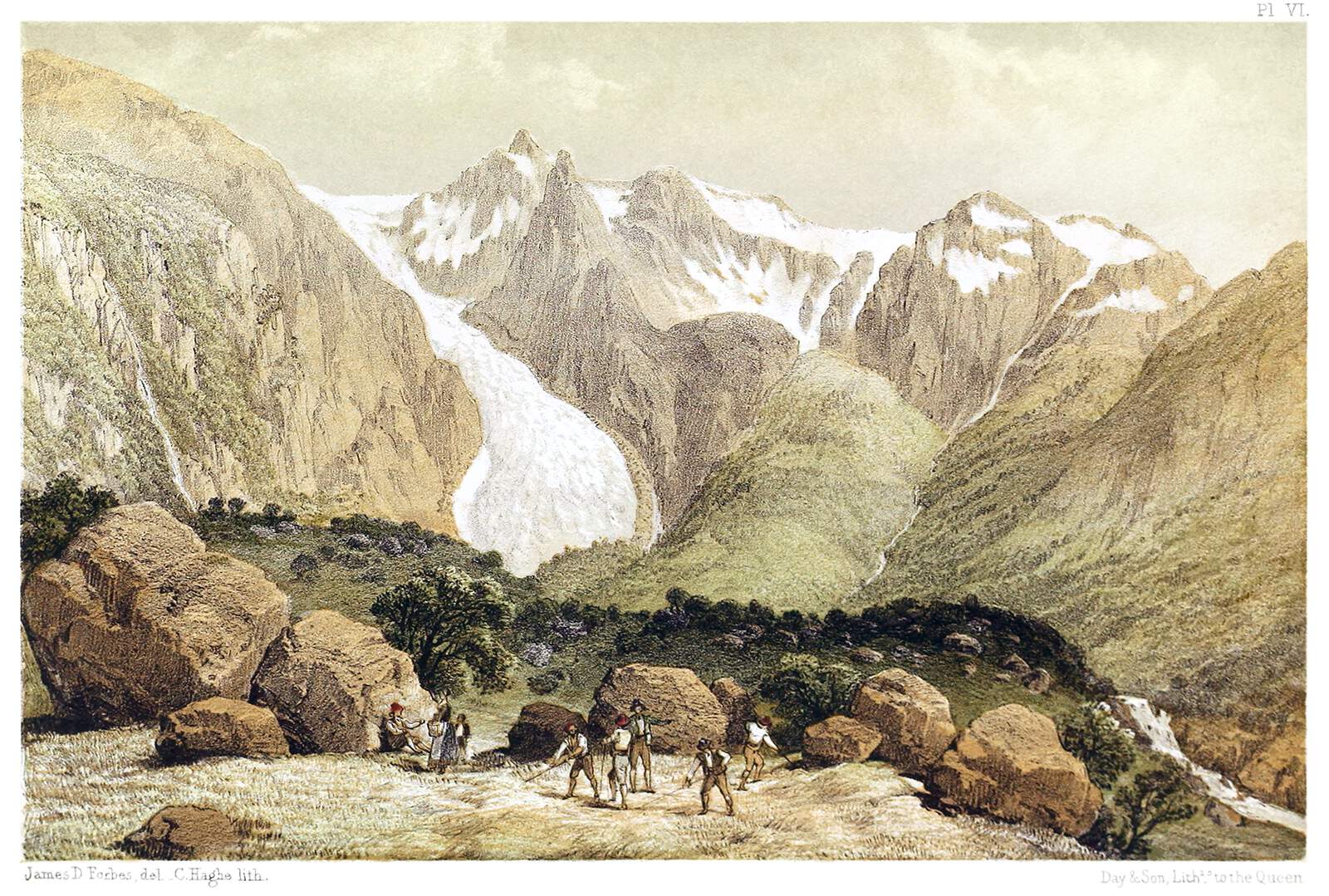 a landscape drawing depicts a mountain range with a glacier flowing down between the peaks. at the foot of the mountains, there is a grassy area with large rocks scattered across it. a group of people, including men and women, are standing among the rocks. there is a waterfall cascading down the mountainside on the right side of the image.