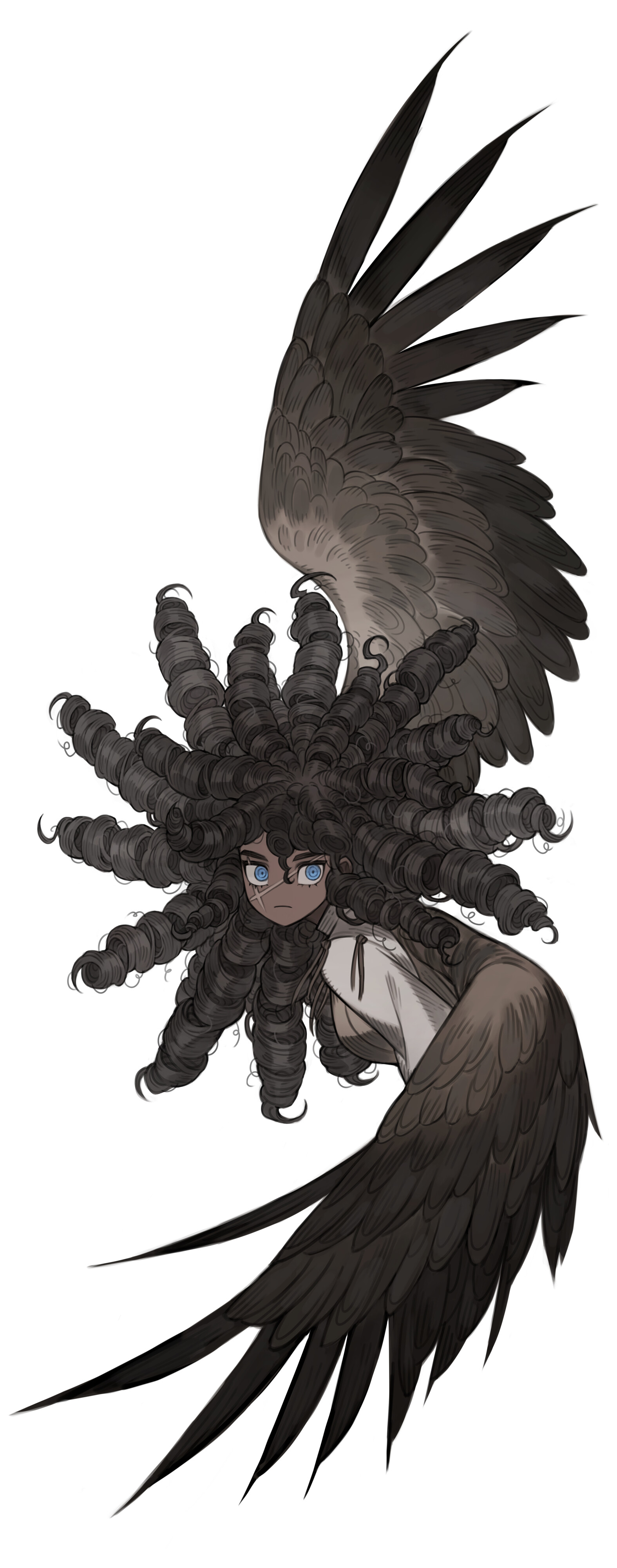 a character with large, dark feathery wings curled protectively around themself. they have dark skin and dark, voluminous curls that form a spiral around their head.  the style is reminiscent of anime or manga.