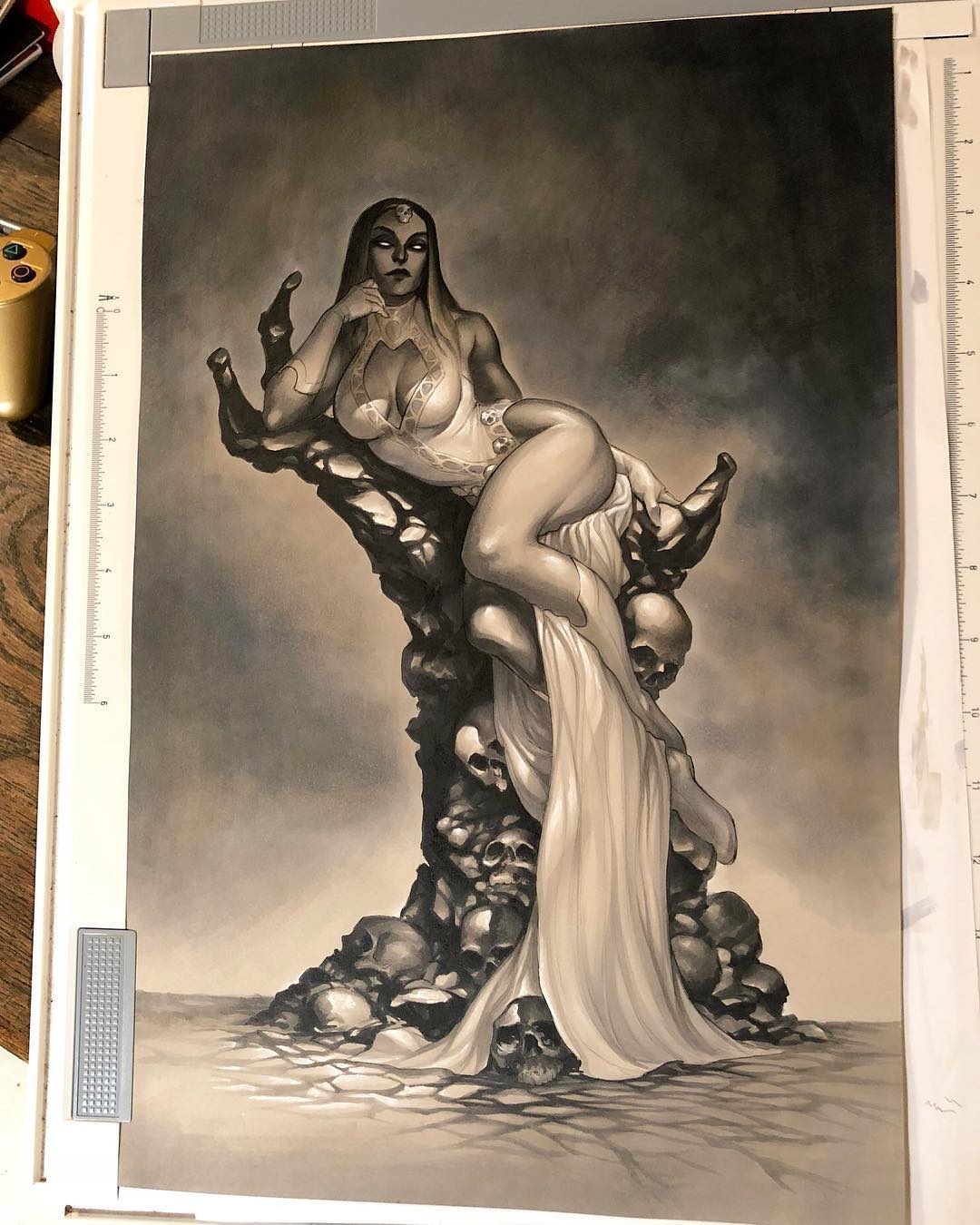 a black and white illustration depicting a woman with a long white dress, sitting on a pile of skulls. she has a contemplative expression and is leaning on a skeletal hand that is protruding from the pile of skulls. the artwork is in a dark, gothic style and evokes a sense of mystery and the supernatural.
